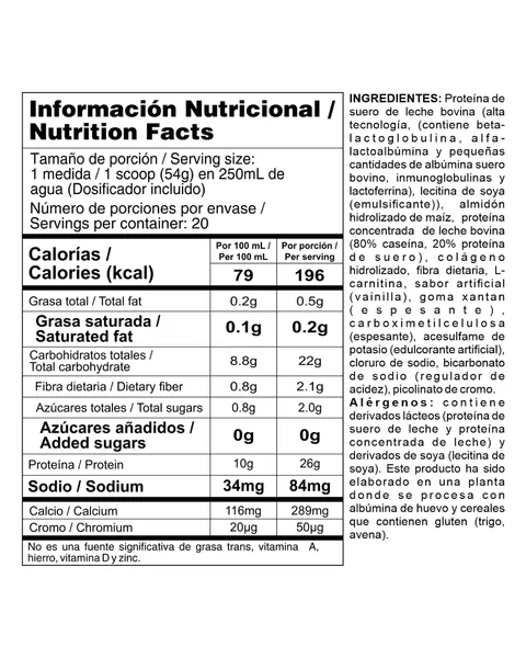 Nutramerican Pharma Bi-Pro Lite, tabla nutricional, sabor Vainilla