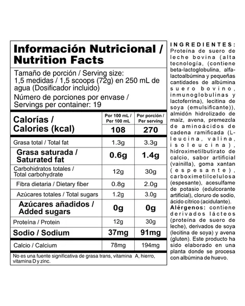 Nutramerican Pharma Bi-Pro Mass, tabla nutricional, sabor Vainilla