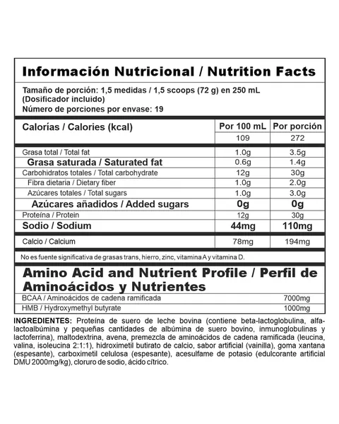 Nutramerican Pharma Bi-Pro Mass, tabla nutricional, sabor Vainilla