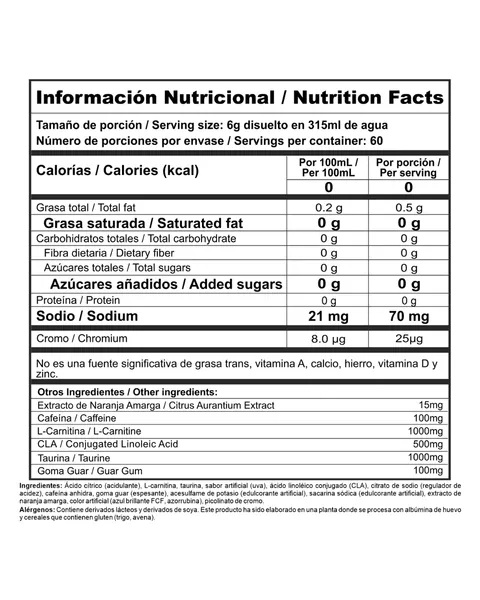 Nutramerican Pharma Burner Stack, tabla nutricional, sabor Uva, 360 g
