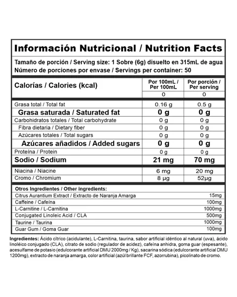 Nutramerican Pharma Burner Stack, tabla nutricional, sabor Uva, Tarro con 50 sobres de 6 g