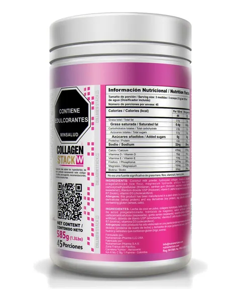Nutramerican Pharma Collagen Stack W, parte trasera, sabor Vainilla