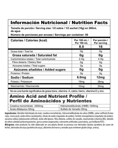 Nutramerican Pharma Crea Stack, tabla nutricional, sabor Frutos rojos, Caja 25 sobres de 20 g (500 g)