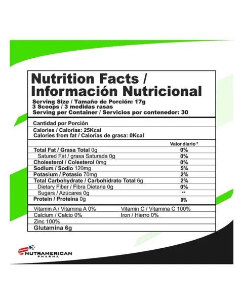 Nutramerican Pharma Gluta Stack, tabla nutricional, sabor Frutos rojos
