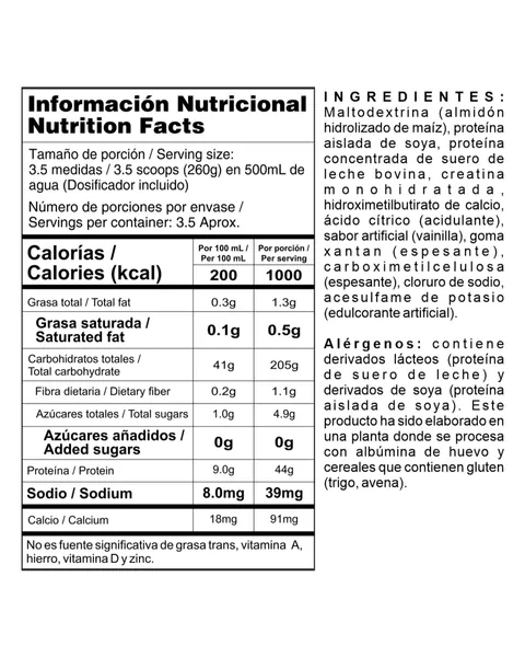 Nutramerican Pharma Megaplex Creatine Power, tabla nutricional, sabor Vainilla, 2 lb (908 g)