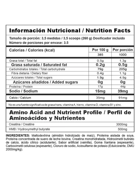 Nutramerican Pharma Megaplex Creatine Power, tabla nutricional, sabor Vainilla, 2 lb (908 g)