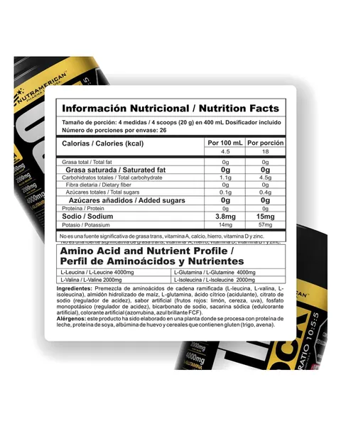 Nutramerican Pharma Nitro Shock, tabla nutricional, sabor Frutos rojos