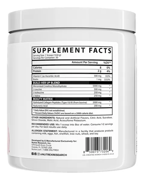 Nutrex Research Creatine For Women, tabla nutricional, sabor Pink Lemonade