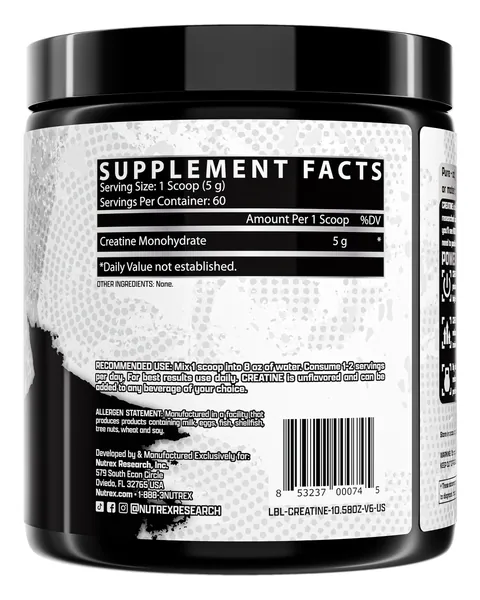 Nutrex Research Creatine Monohydrate, tabla nutricional, 300 g (10.58 oz) / 60 servicios