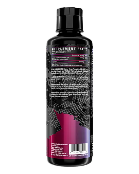 Nutrex Research Liquid Carnitine 3000, tabla nutricional, sabor Berry Blast
