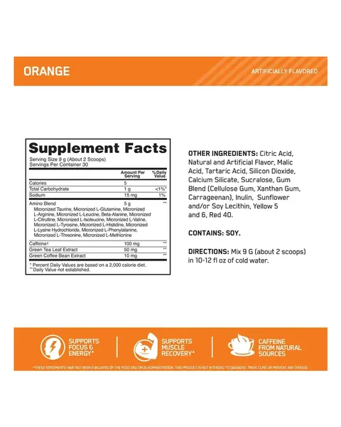 Optimum Nutrition Essential Amin.O. Energy, tabla nutricional, sabor Orange