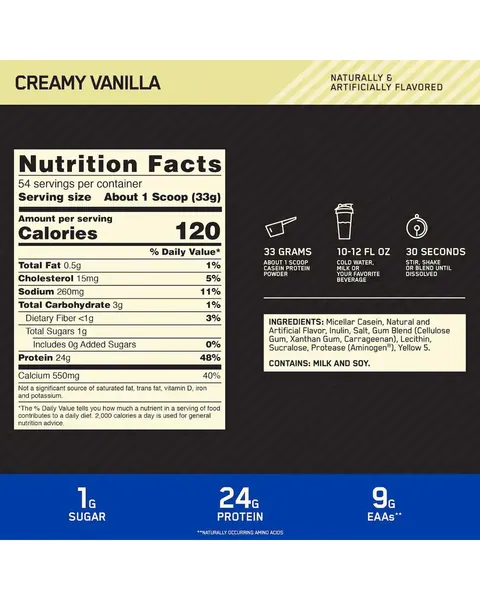 Optimum Nutrition Gold Standard 100% Casein, tabla nutricional, sabor Creamy Vanilla
