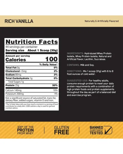 Optimum Nutrition Gold Standard 100% Isolate, tabla nutricional, sabor Rich Vanilla