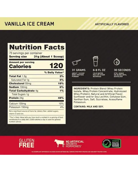 Optimum Nutrition Gold Standard 100% Whey, tabla nutricional, sabor Vanilla Ice Cream