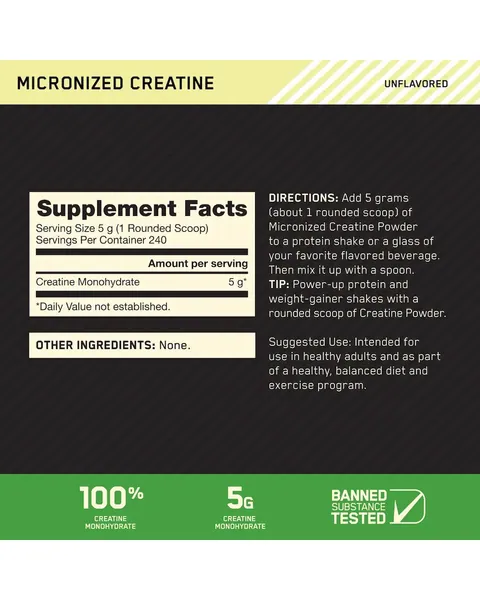 Optimum Nutrition Micronized Creatine Powder, tabla nutricional