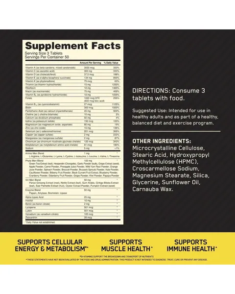 Optimum Nutrition Opti-Men, tabla nutricional, 150 tabletas / 50 porciones