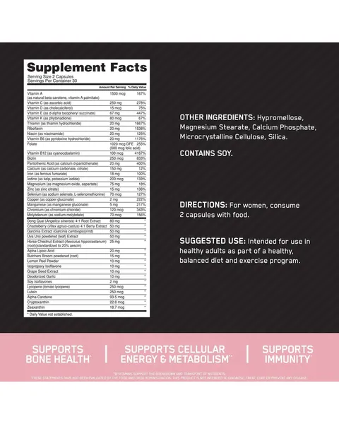 Optimum Nutrition Opti-Women, tabla nutricional, 60 cápsulas / 30 porciones