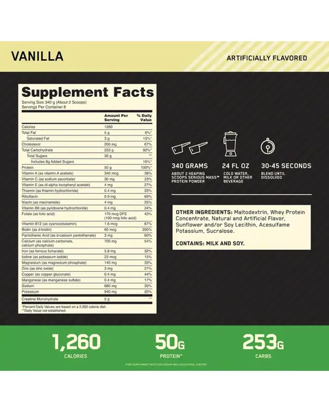 Optimum Nutrition Serious Mass, tabla nutricional, sabor Vanilla
