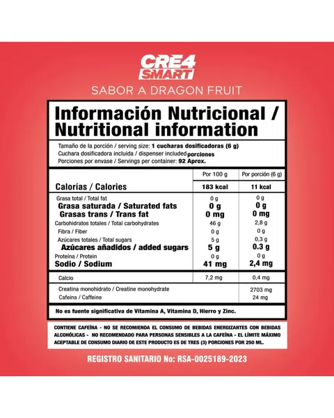 Smart Nutrition CRE4 Smart, tabla nutricional, sabor Dragon fruit