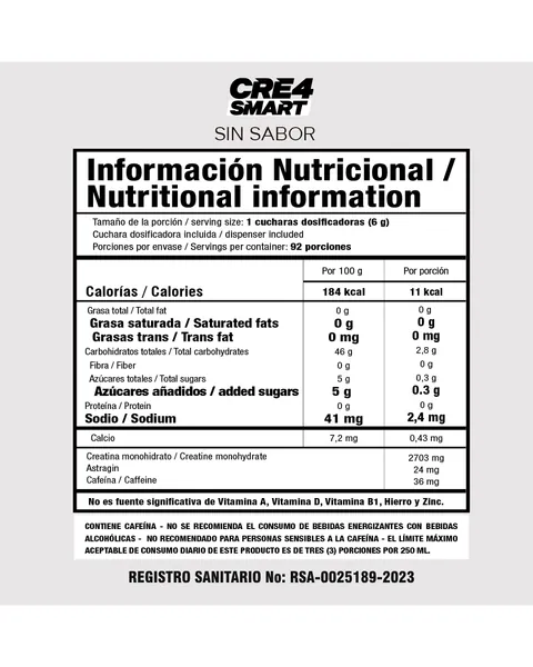 Smart Nutrition CRE4 Smart, tabla nutricional, sabor Sin sabor