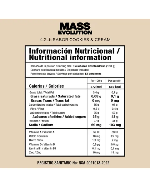 Smart Nutrition Mass Evolution, tabla nutricional, sabor Cookies & cream, 4 lb (1.900 g)