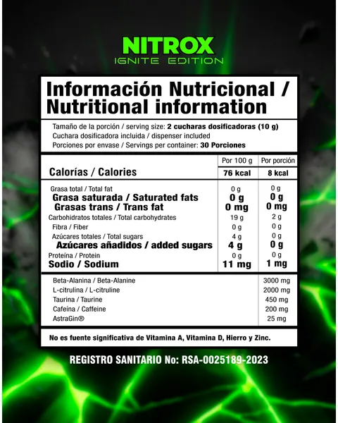 Smart Nutrition Nitrox Ignite, tabla nutricional, sabor Golden fruit