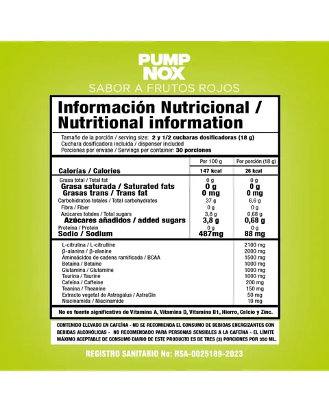 Smart Nutrition Pump Nox Edge, tabla nutricional, sabor Frutos rojos