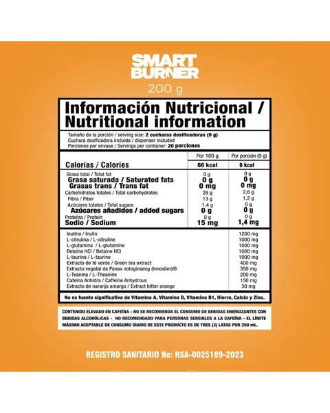 Smart Nutrition Smart Burner, tabla nutricional, sabor Durazno