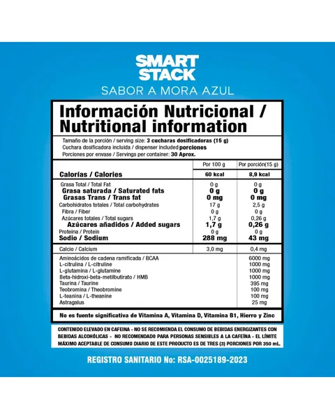 Smart Nutrition Smart Stack, tabla nutricional, sabor Mora azul