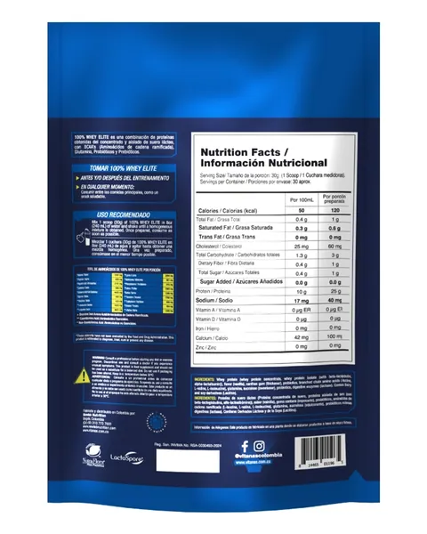 Vitanas 100% Whey Elite, parte trasera, sabor Vainilla, 2 lb (908 g)