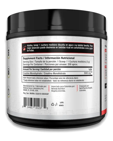 Vitanas Creatine Time, parte trasera, 600 g / 200 servicios