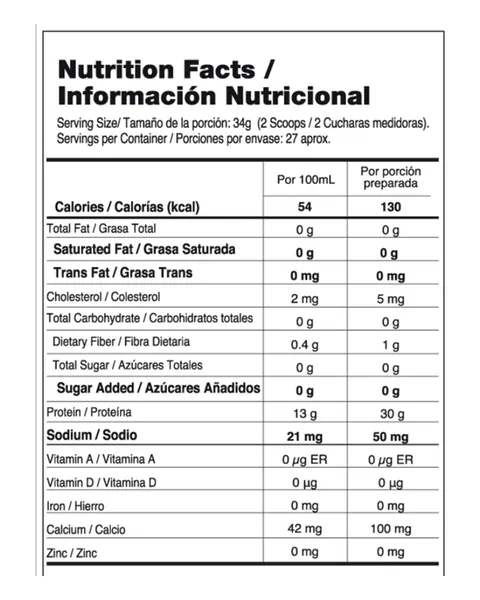 Vitanas Isolate Gourmet, tabla nutricional, sabor Vainilla orgánica, 2 lb (908 g)