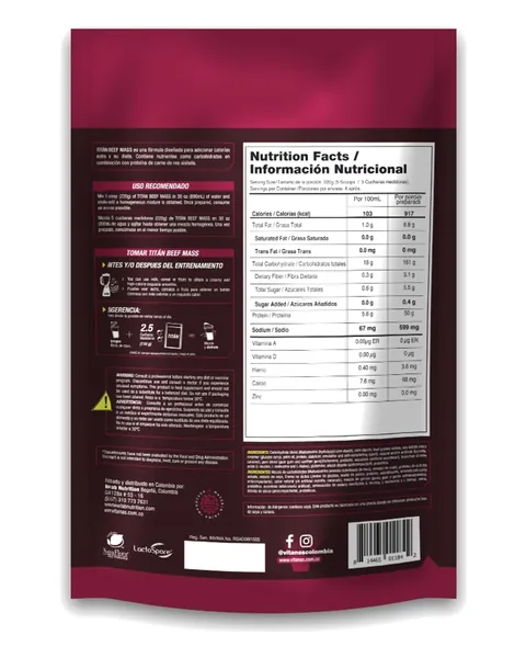 Vitanas Titan Beef Mass, parte trasera, sabor Vainilla caramelo, 2 lb (908 g)