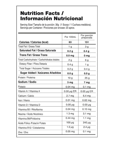 Vitanas V-Gana Pro, tabla nutricional, sabor Vainilla caramelo